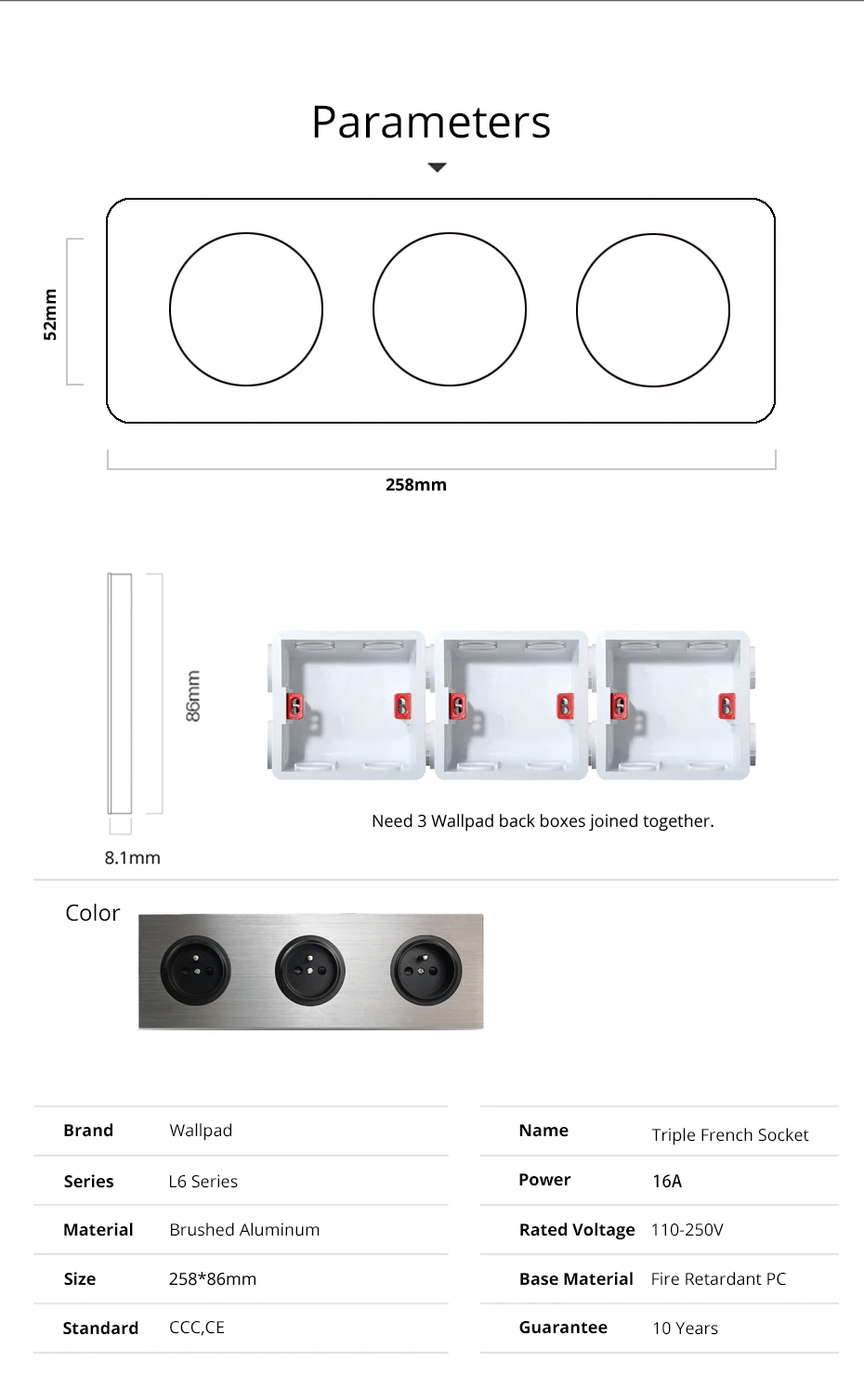 Wallpad L6 3 Gang Тройная рамка французская настенная электрическая розетка серебряная