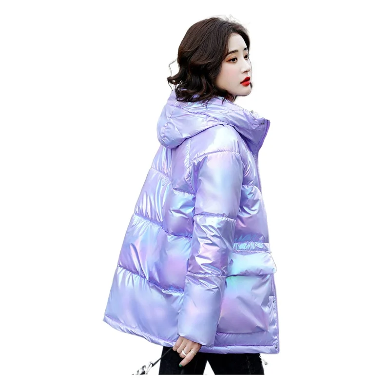 

Fashion Shiny Colorful Down Cotton Parkas Coat 2021 Winter Women Loose Warm Hooded Stand Collar Casual Short Female Outwear