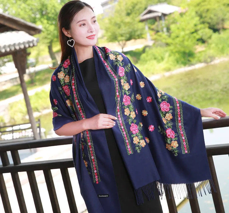 

200CM*70CM Cashmere Scarves With Tassel Solid Color Embroider Flower Lady Winter Scarf Women Warm Fashion Female Shawl Bufanda