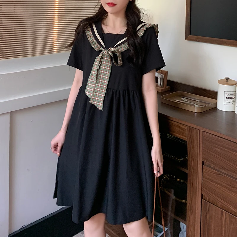 

WKFYY Sweet Black Plaid Spliced Ruffles Sailor Collar Bow Lace Up Short Sleeve Pleated Loose Knee Dress Preppy Plus Size D4122