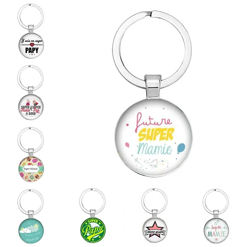 

2021 New File Subtitle "Super Mom, Papi, Grandpa And Grandma" Glass Cabochon Pendant Keychain For Relatives’ Gifts