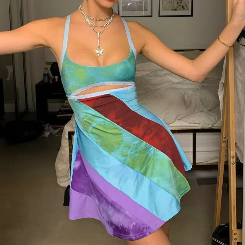 

2021 summer women's color matching printed halter neck hollow low-cut sexy strappy suspender skirt y2k