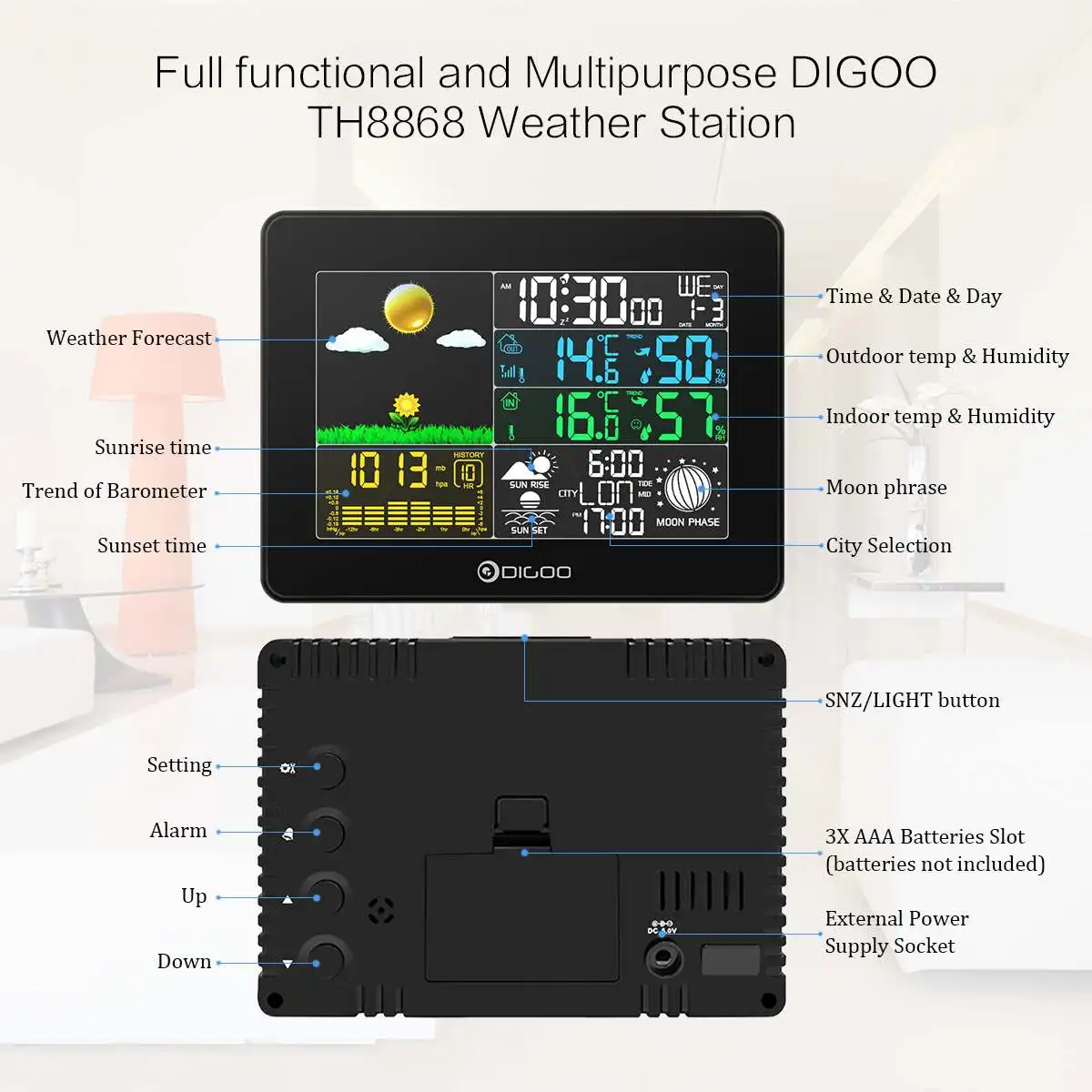 

DIGOO DG-TH8868 LCD Weather Station Indoor Outdoor Thermometer Humidity Snooze Alarm Clock Sunrise Sunset Calendar Forecast