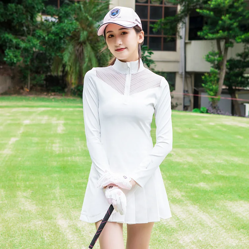 TTYGJ White Polyester Coat for Ladies Breathable Cooling Shirt Long Sleeve Lace Shirts Pleated Golf/Tennis Badminton Skirts Suit