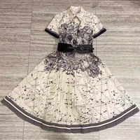 banulin 2021 new fashion women summer runway shirt dress female short sleeve vintage letter floral pu belt midi dress