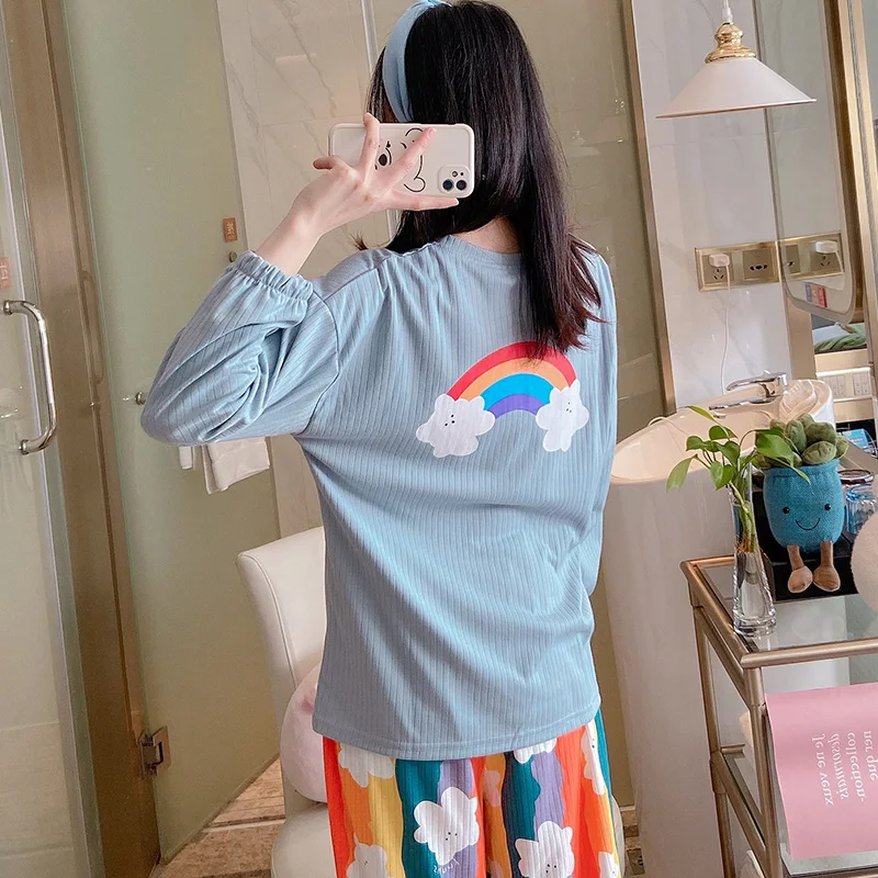 

Blue Pajamas Women's Spring Korean-Style Long-Sleeved Fresh Cotton Suit Casual Thin Student Summer Autumn and Winter