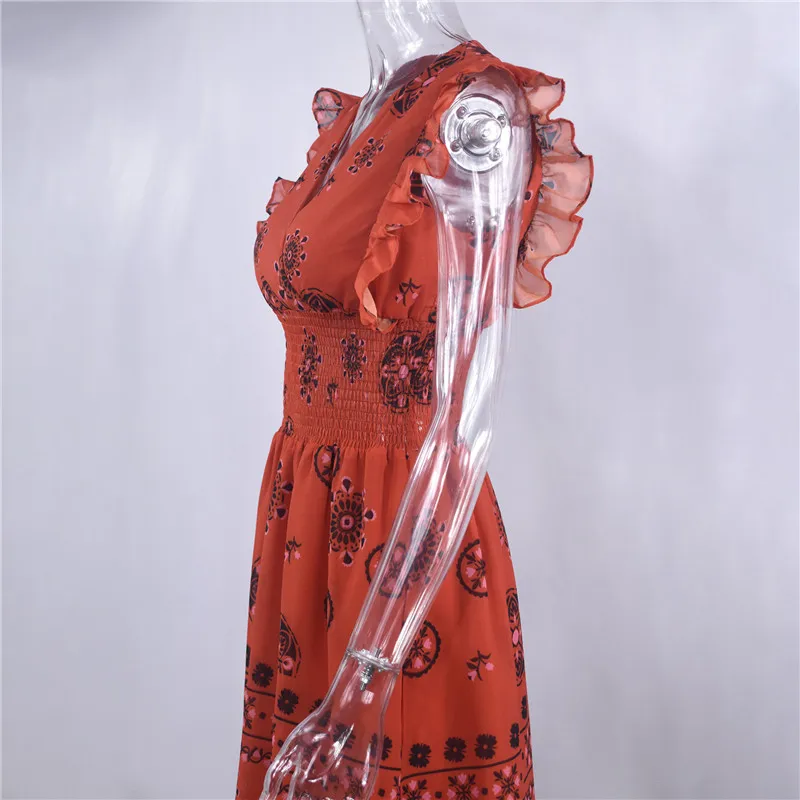 

Fashion Asymmetrical Chiffon Short Sleeve Beach Dress Women Casual Ruffle Boho Long Summer Dress V-Neck Slim Vestido Robe Female