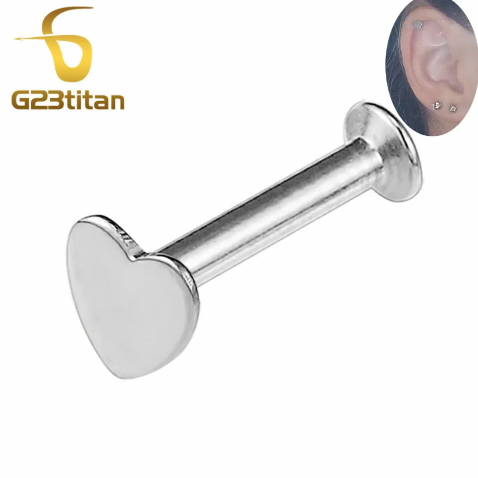 

16G Titanium Labret Stud Love Heart Earring for Cartilage Helix Lobe Tragus Piercing Lip Ring Internally Threaded Body Jewelry
