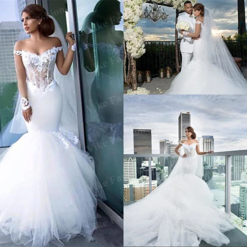 

Amazing Mermaid Wedding Dresses New Shoulder Beads Appliques Nigerian Bridal Gowns Court Train Tiers Tulle