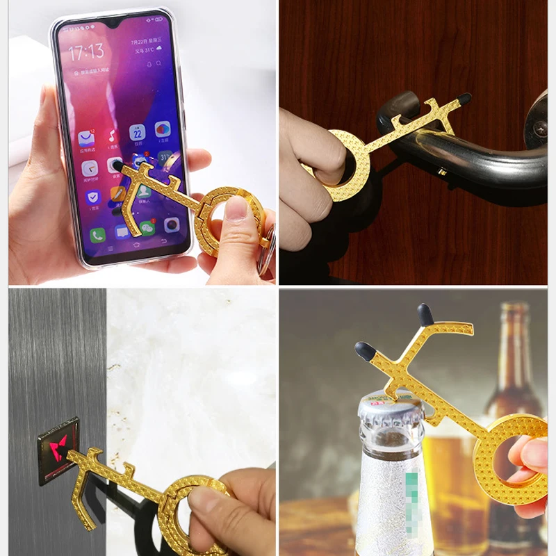 

10pcs Multifunctional EDC Non-Contact Door Opener Bottle Opener Phone Screen Button Elevator Contactless Press Pen Keychain