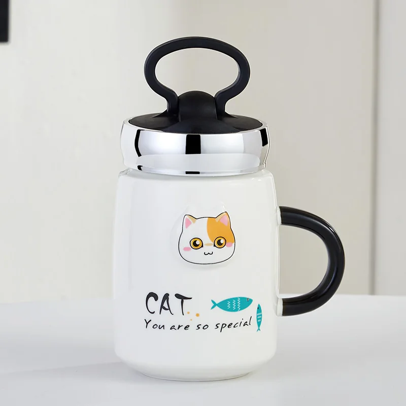 D Новое поступление, милая кружка с кошкой, термостойкая, молочный котенок, мультяшная фарфоровая чашка с крышкой, кофейная чашка, креативные офисные подарки - Цвет: D