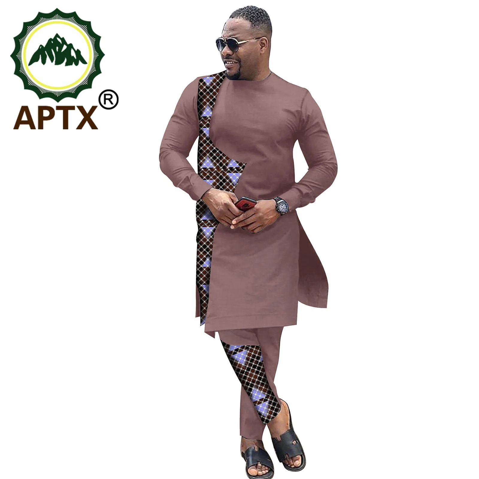 African Clothes For Men Dashiki Ankara Bicolor Robe Wax Personality Crew Neck Colorful Long Sleeve Male Contracted Set Suit