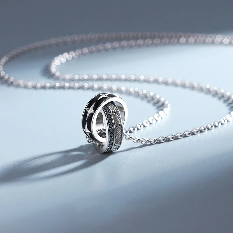 

New Silver Double Ring Pendant Necklace Japanese Light Luxury Collocation Clothes Men's Tide Brand Wild Trend Jewelry Accessory