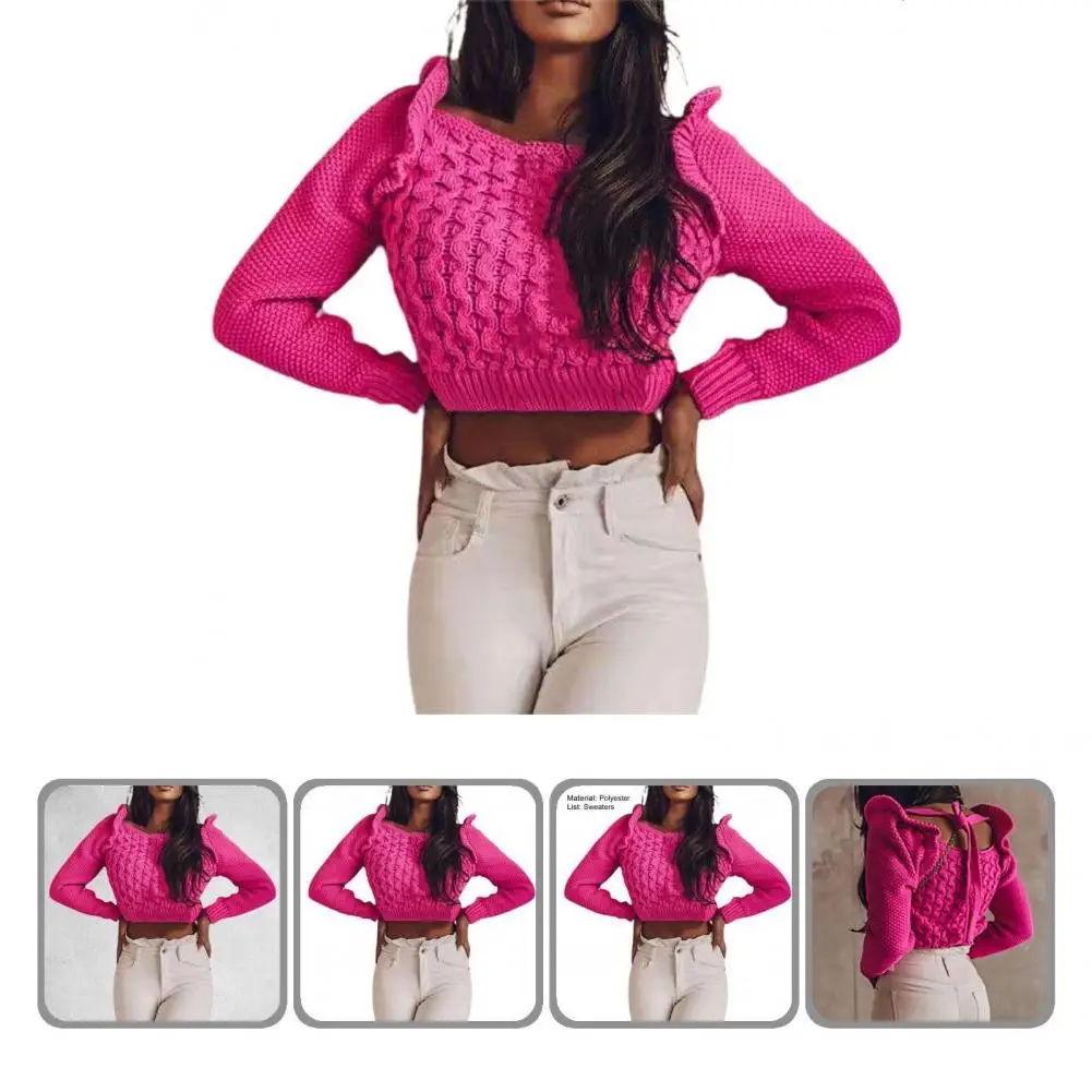 

Chic Pullover Sweater Pure Color Casual Ruffle Lace Up Backless Short Sweater Knitted Sweater Women Knitwear