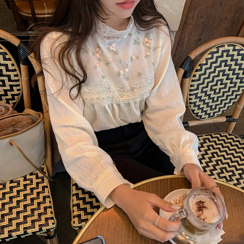

Spring Autumn Women Shirt New Elegant Lace Stand Collar Long Sleeve Blouse Sexy Hollow Out Floral Embroidery Tops