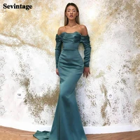 sevintage off the shoulder mermaid evening dresses satin long sleeves prom gowns pleats custom made princess party dress 2021