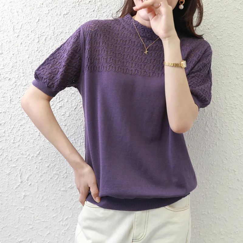 

Women's versatile round neck cotton Pullover simple loose hollow comfortable cotton breathable sweater short sleeve 2021 thin