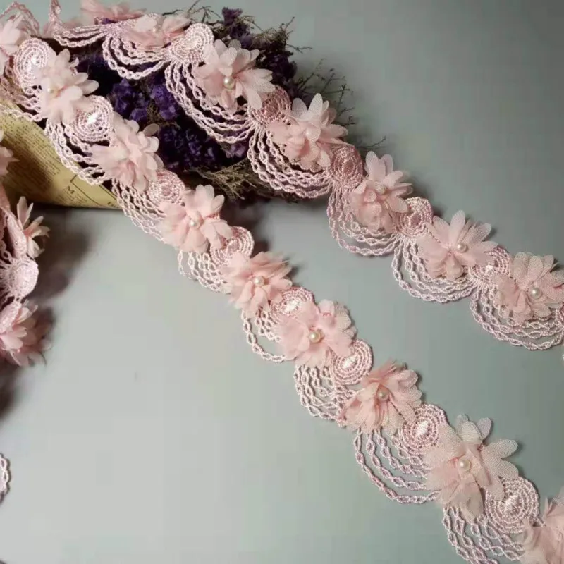 2 ярда розовый жемчуг кисточкой шифон с цветочной вышивкой кружевной отделкой