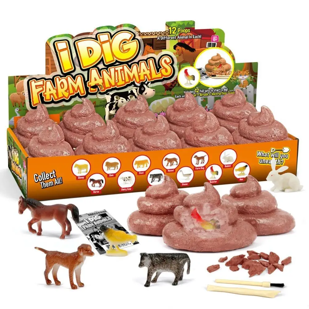 

12Pcs Kids Excrement Shaped Farm Animal Archaeology Dig Excavation Kit Puzzle Toy Toddler Early Education Cognition Toys