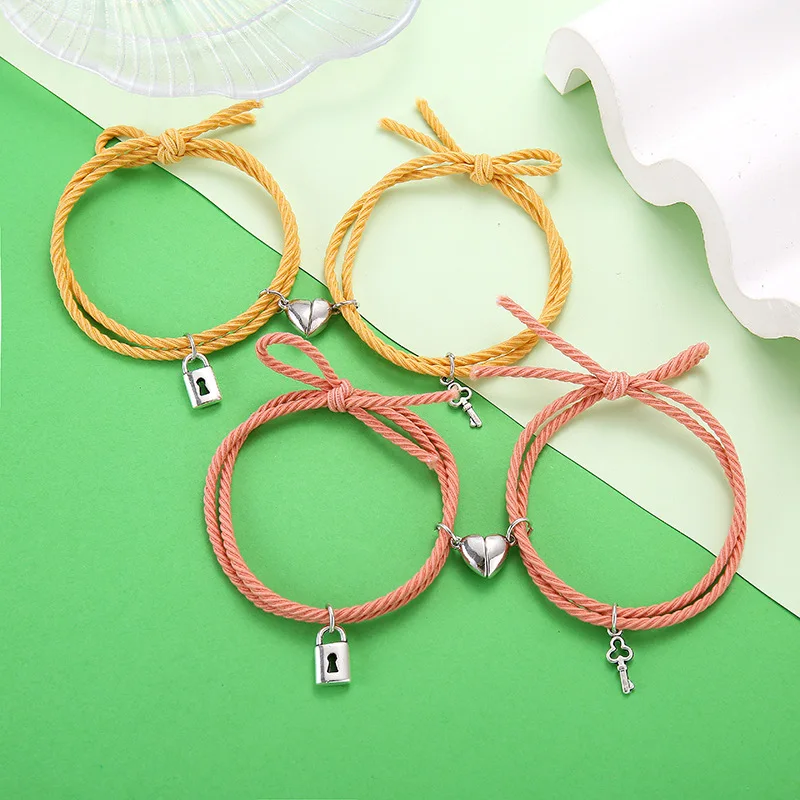 

2Pcs/set Handmade Woven Black Rope Bracelet Lock Key Women Thread Heart Distance Magnetic Bracelet Friendship Couple Jewelry