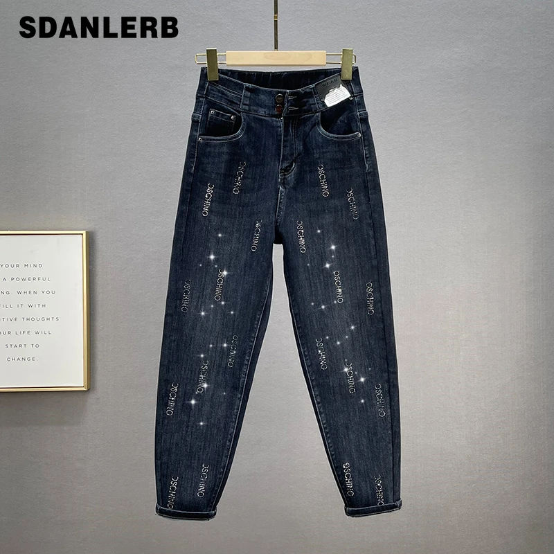 

Женские джинсы с надписью Стразы, мешковатые брюки, Новинка весна-осень 2021, брюки с высокой талией, свободные и стройнящие джинсовые шаровар...