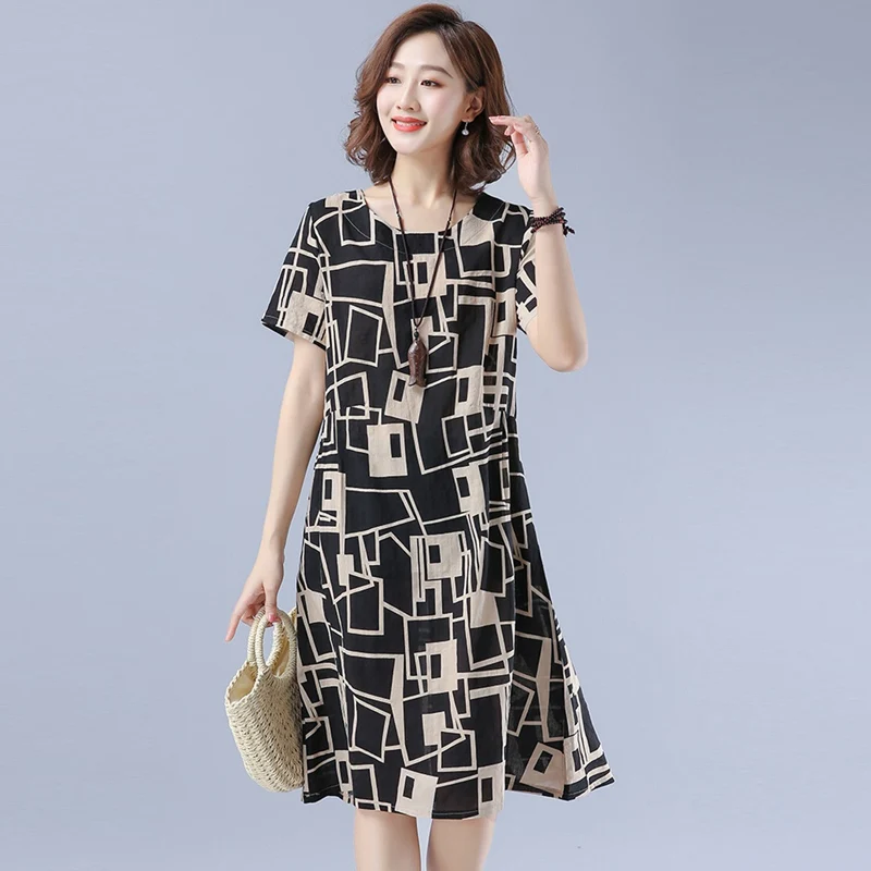 

Cotton Linen Women Summer Dress 2020 Casual O-Neck Short Sleeve A-Line Graffiti Midi Dresses for Women Vestidos De Fiesta