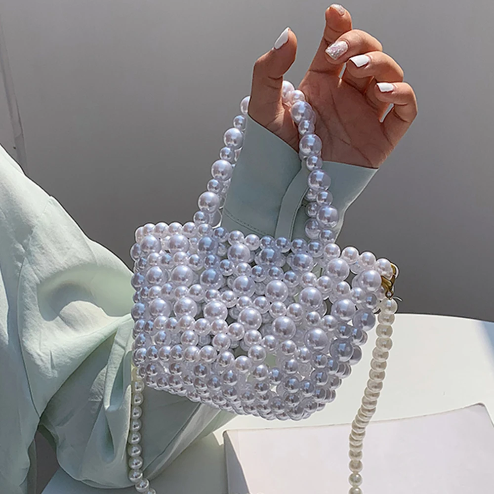 

Luxury Small Pearl Bucket Crossbody Bags Women's Handmade Clear Beading Shouler Bags Ladies Vintage Party Handbags Lipstick Purs