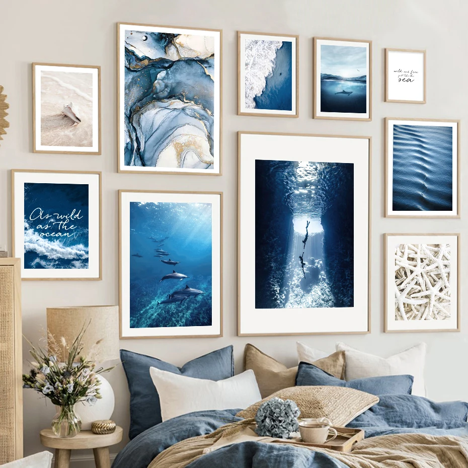 

Canvas Paintings Blue Ocean Beige Beach Ocean Life Waves Whale Nature Scene Wall Art Print Poster Picture for Living Room Decor
