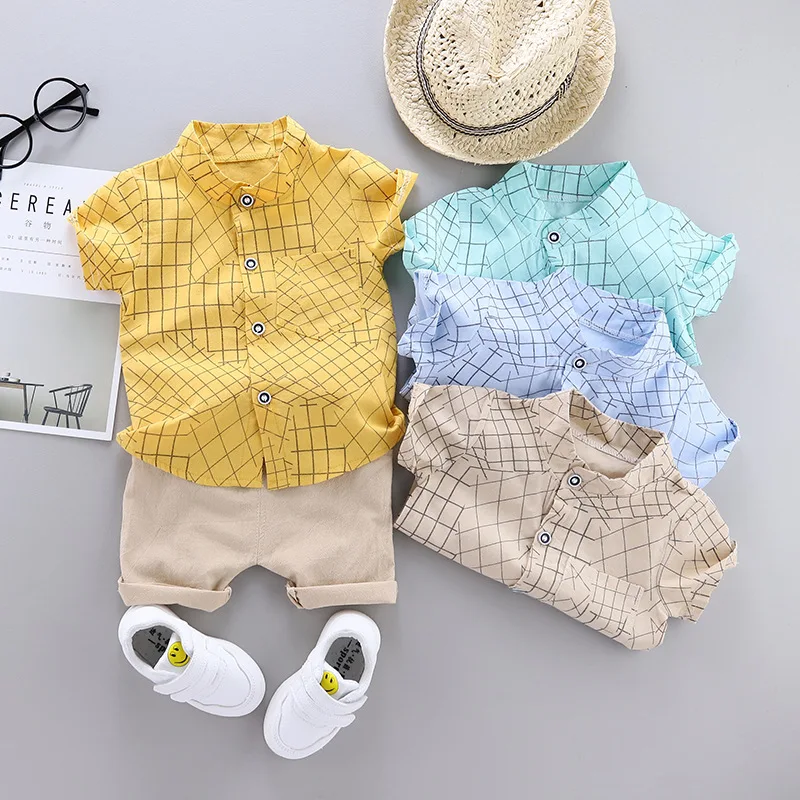 New baby clothes summer cotton short-sleeved shorts two-piece boy striped plaid print shirt casual suit |