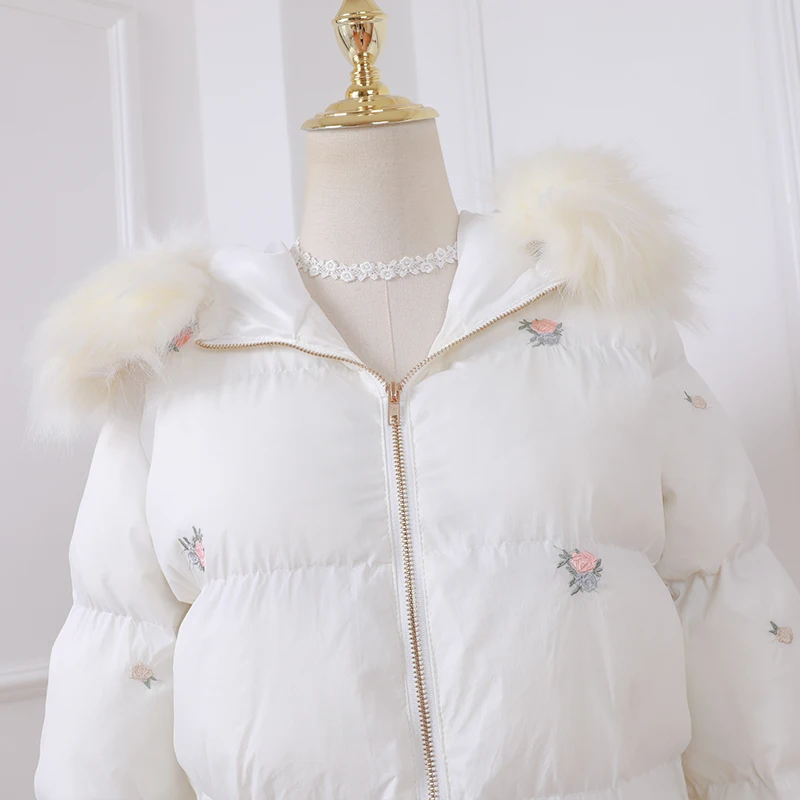2019 autumn and winter new sweet long thick warm wool collar embroidery cotton coat women | Женская одежда