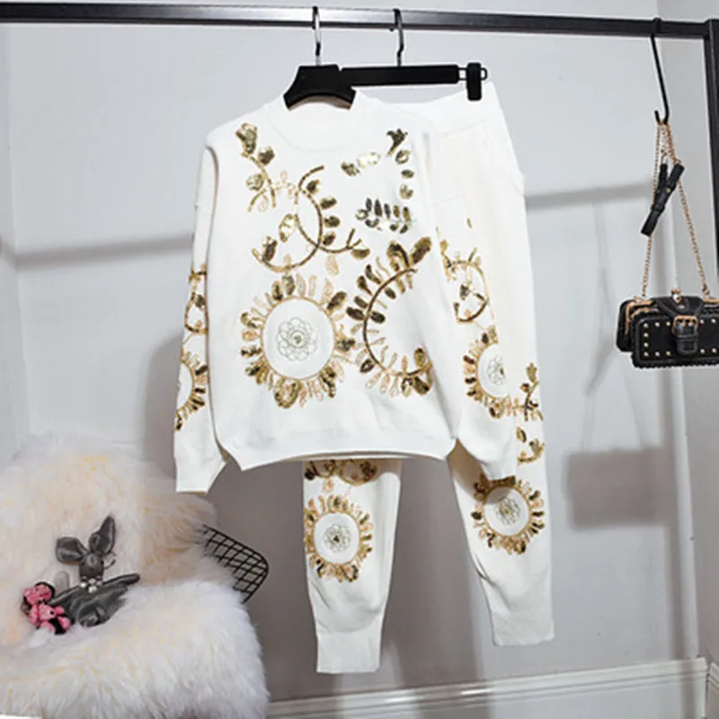2020 Autumn 2 Piece Sets Women Gold Leaf Flower Embroidery Sequin Knitted Sweater Casual Trouser LO Women‘s Two Piece Outfits