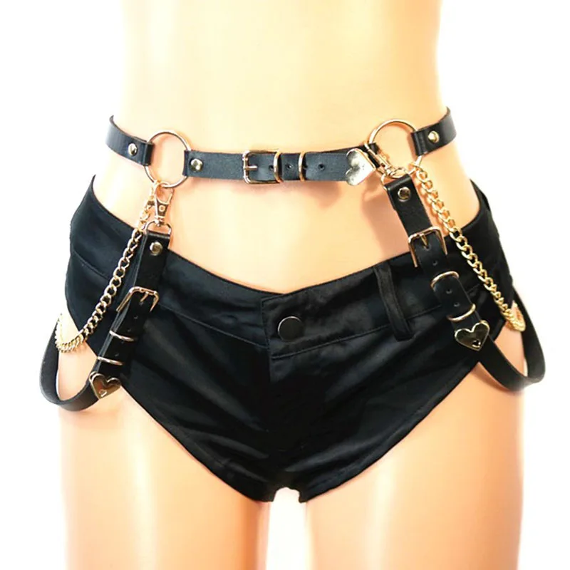 Women Punk Chain Belt Adjustable Black Leather Buckle Belt Metal Chain Waist Strap Street Decorative Waistband belts For Skirts