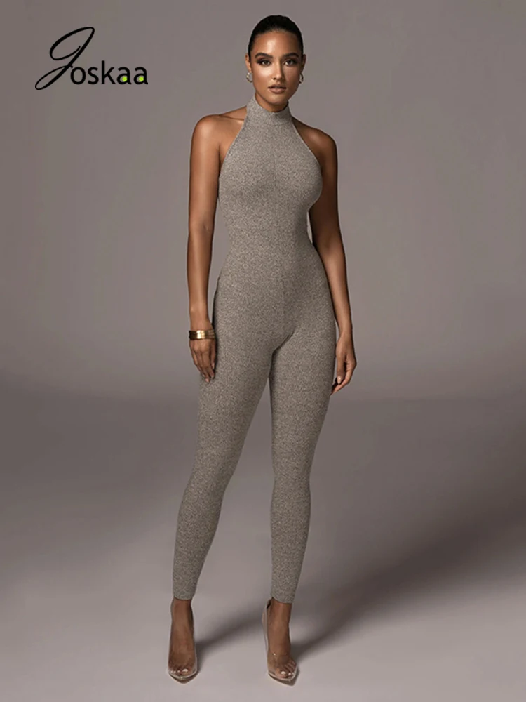 

Joskaa Ribbed Halter Sexy Elegant Jumpsuits Women Y2k Street Sleeveless Skinny Bodycon Rompers Solid O Neck Backless Lady Outfit