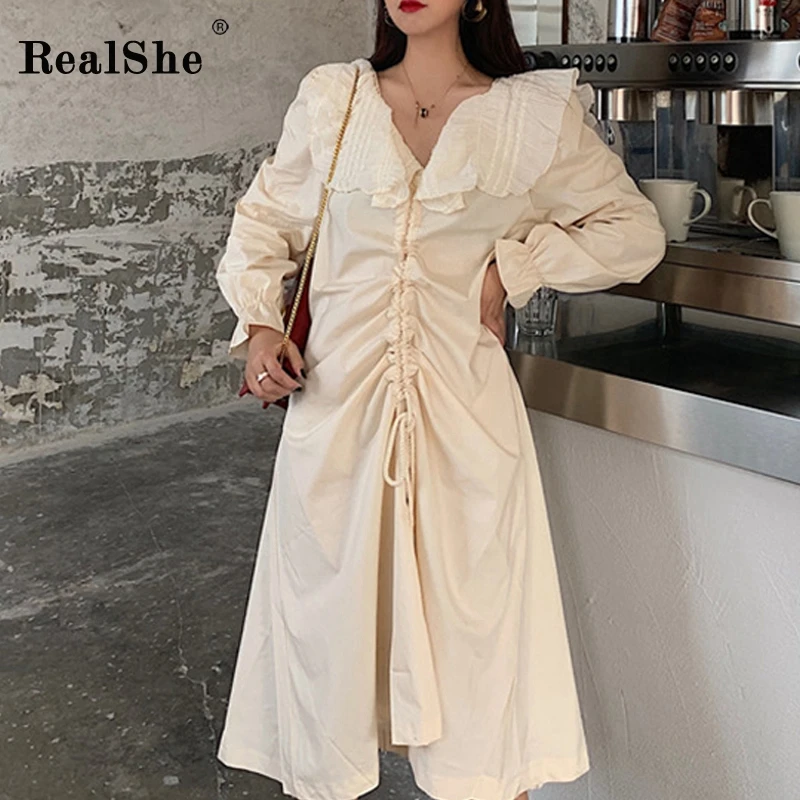 RealShe женское платье миди Vestidos Питер Пэн воротник с буфами рукав оборки