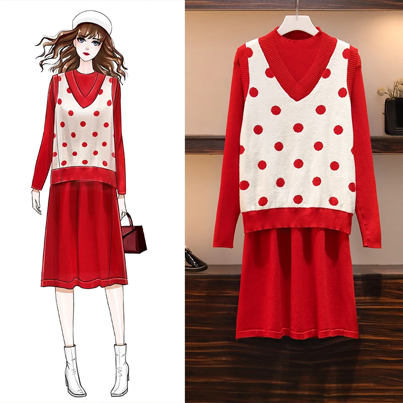 

Large size Women's Knitted Cotton lady Set Sweater 2019 Autumn and Winter New Fat Sister Knit Vest Two-Piece Set