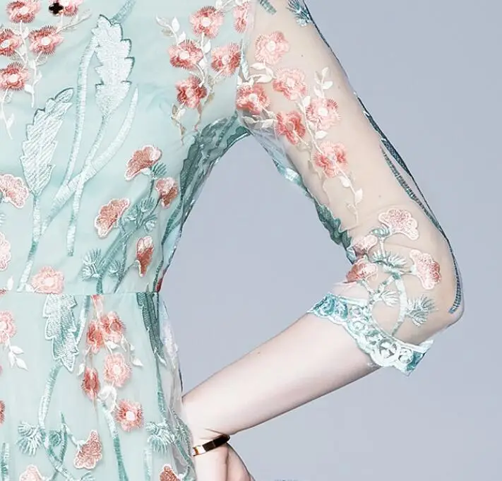 

Women's spring summer flower embroidery lace dress female runway fashion high waist A-line medium dress TB700