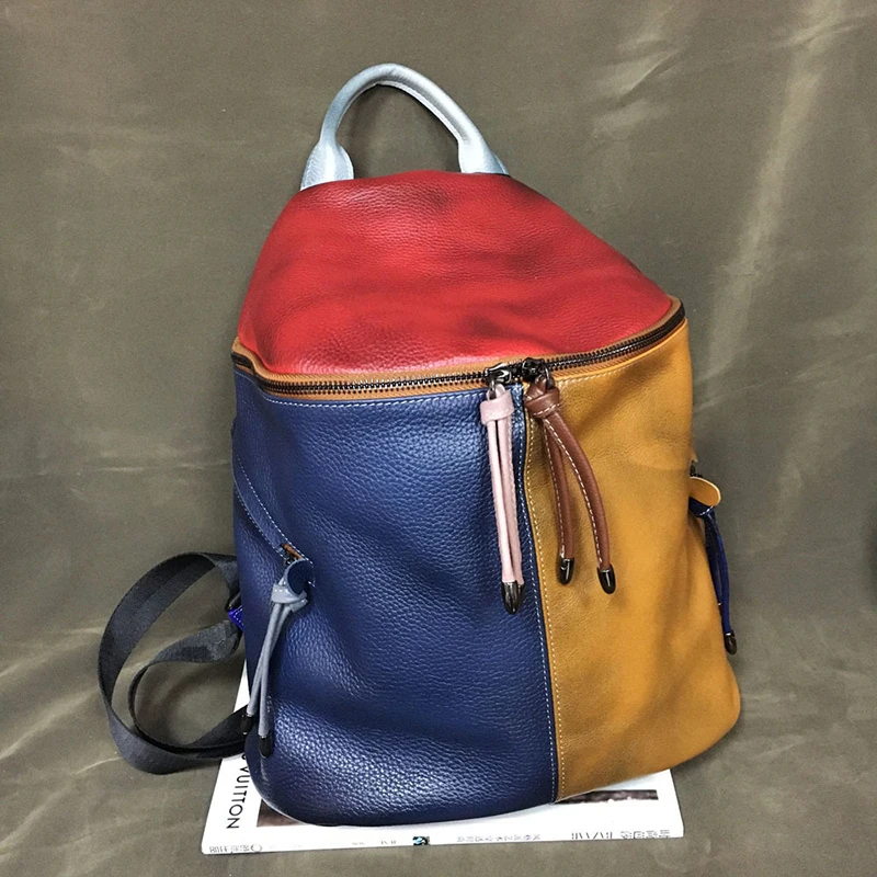 

iPinee Vintage Patchwork Real Leather Women Backpacks Travel Shoulder Bags School Pack Retro Color Plaid Functional Pockets