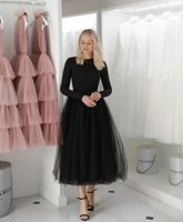 simple black tulle evening party dresses long sleeves o neck prom gowns tea length formal dress plus size 2021 custom made cheap