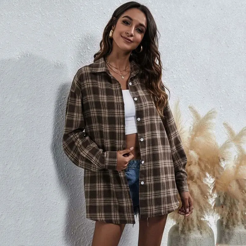 2021 Осенняя клетчатая рубашка для женщин 35% Хлопок Клетчатая длинная женская с