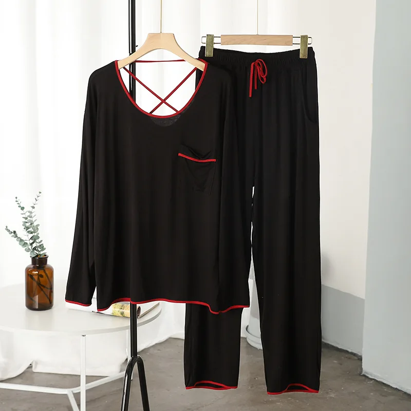 

Пижамный комплект женский из модала, одежда для сна, повседневный пижамный комплект с V-образным вырезом, рубашка с длинными рукавами, брюки,...