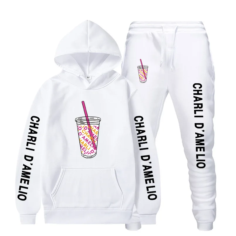 

2020 New Charli D'Amelio Set Fleece Hoodie Pant Thick Warm Tracksuit Sportswear Men/Women Hooded Track Suits Sweatsuit Sudaderas
