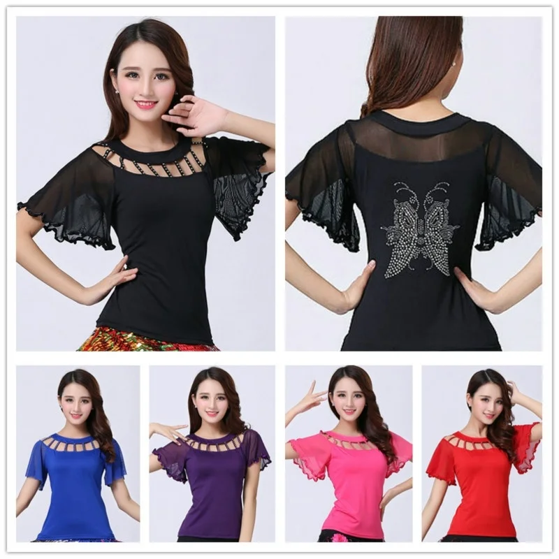 Women Latin Dance Blouse T-shirt Top Ballroom Dancewear Salsa Tango Diamond Flare Sleeve Practice 904-B135 | Женская одежда