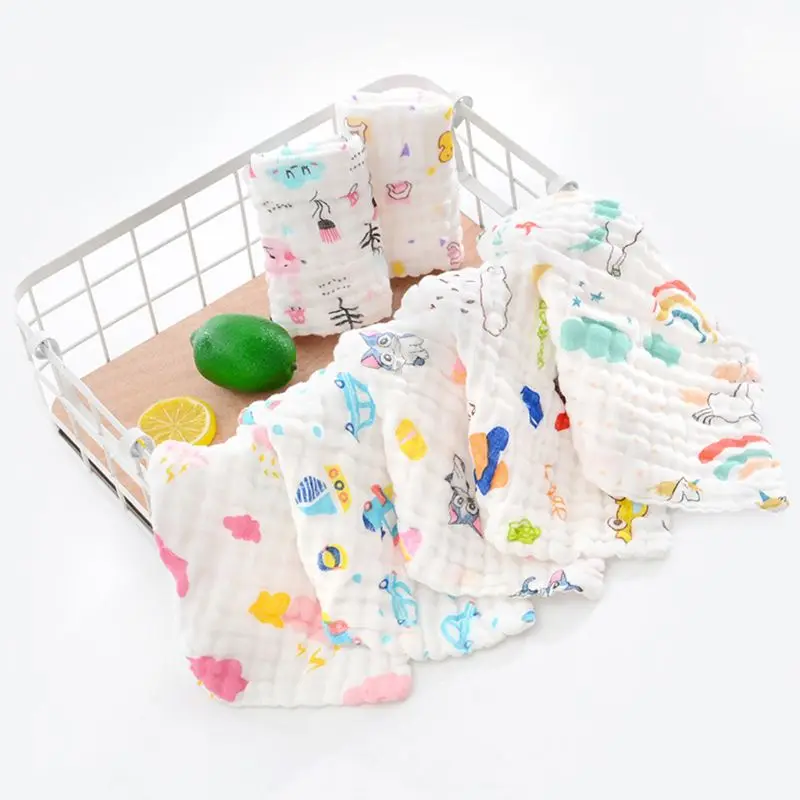 

900C 10 Pcs/Set Baby Muslin Washcloth with Printed Design Newborn Handkerchief Cotton Gauze Infant Face Towel