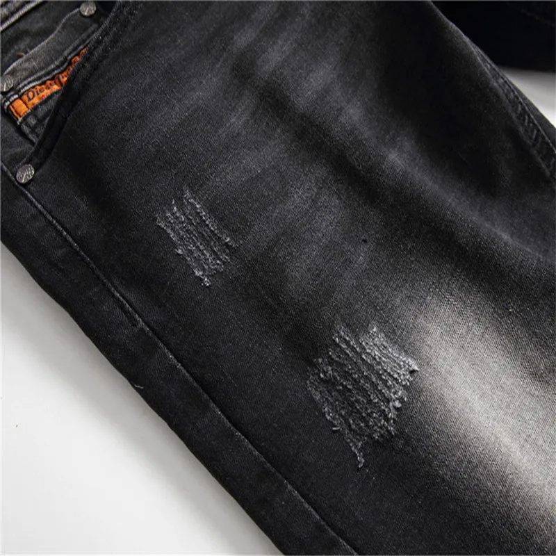 Men's Large Size Broken Hole Straight Tube Slim Casual Fashion Joker Micro-Elastic Trend Middle Waist Jeans Pants