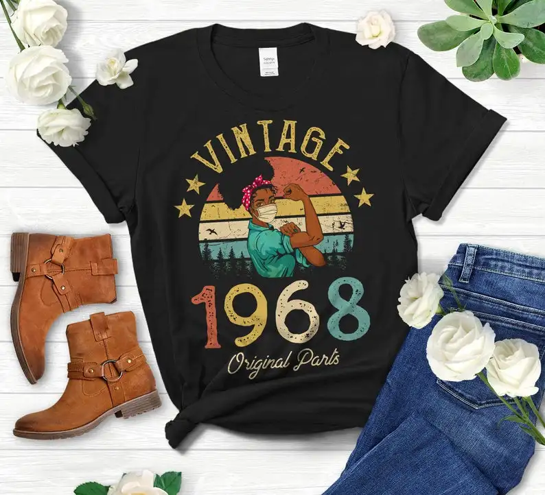 

Vintage 1968 Original Parts T-Shirt African American Women with Mask years old 52nd Birthday Gift Idea Girls 100% cotton Unisex