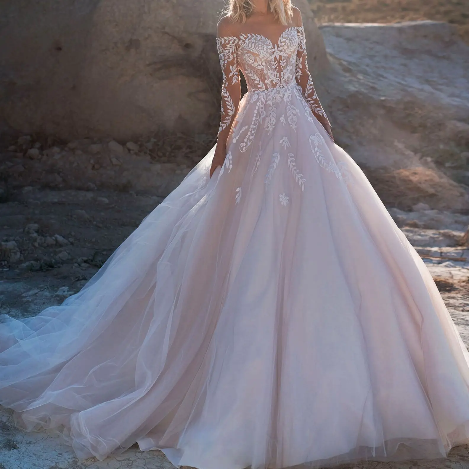 

Tulle Long Sleeve Wedding Dresses 2021 V-Neck Princess Bridal Dress Lace Appliques Wedding Gown Vestido De Noiva Plus Size