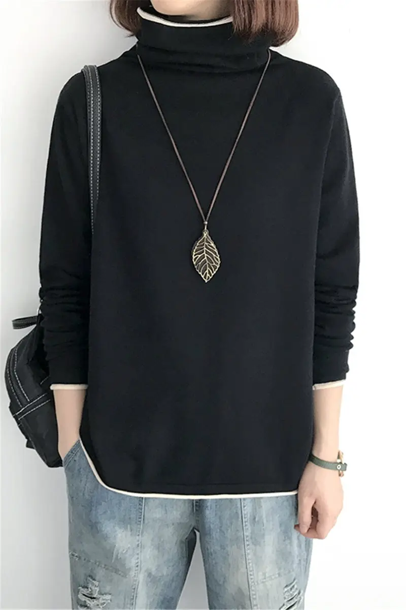 

Retro Women Sweater Shirt Jumper Fall/Winter Long Sleeve Pile Collar Loose Casual Color Matching Versatile Knitwear Blusa y917