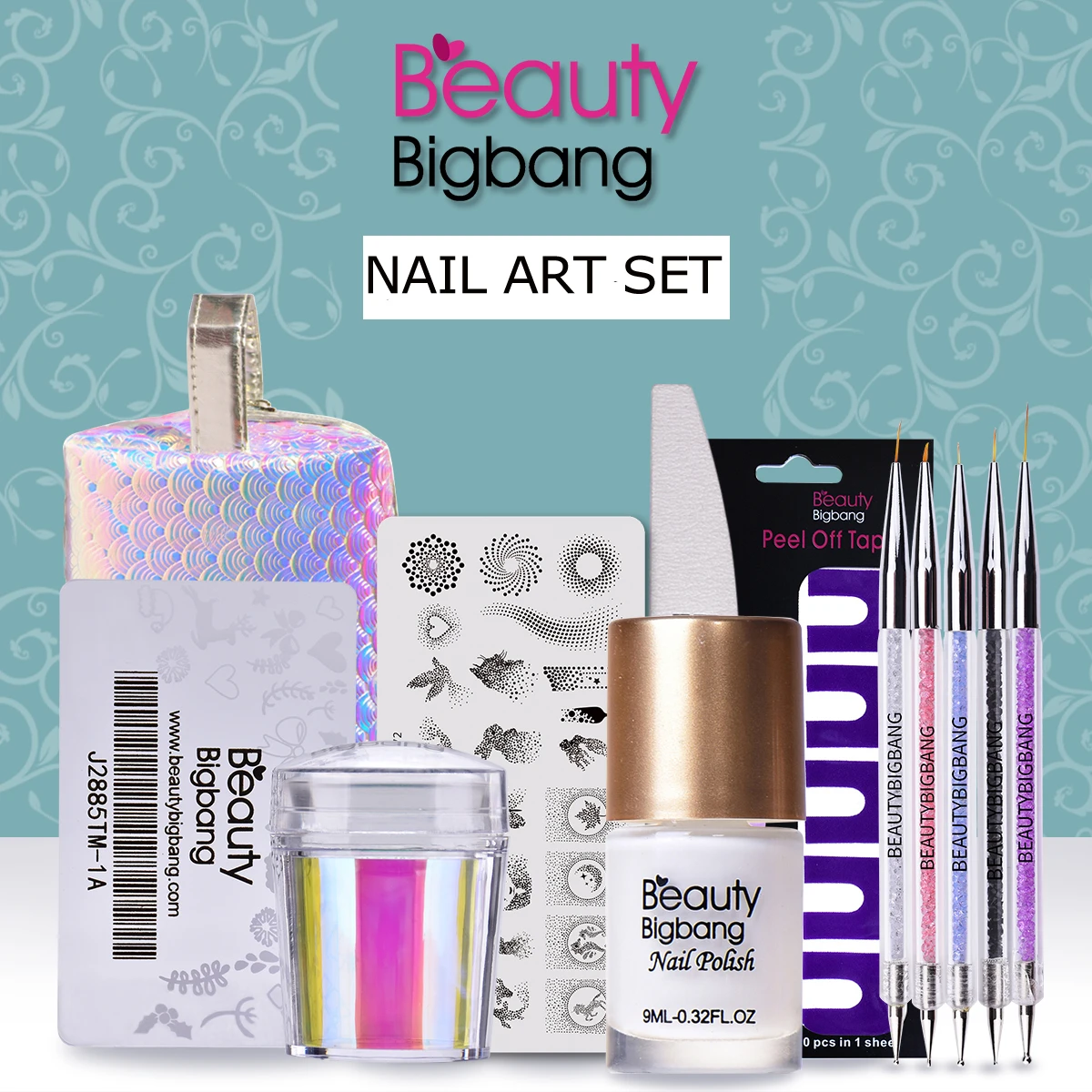 Beautybigbang 33 шт. набор для дизайна ногтей штамповочные пластины Штамп для ногтей лак для ногтей точечная ручка наклейки для ногтей файл блок сумка для начинающих дизайн ногтей