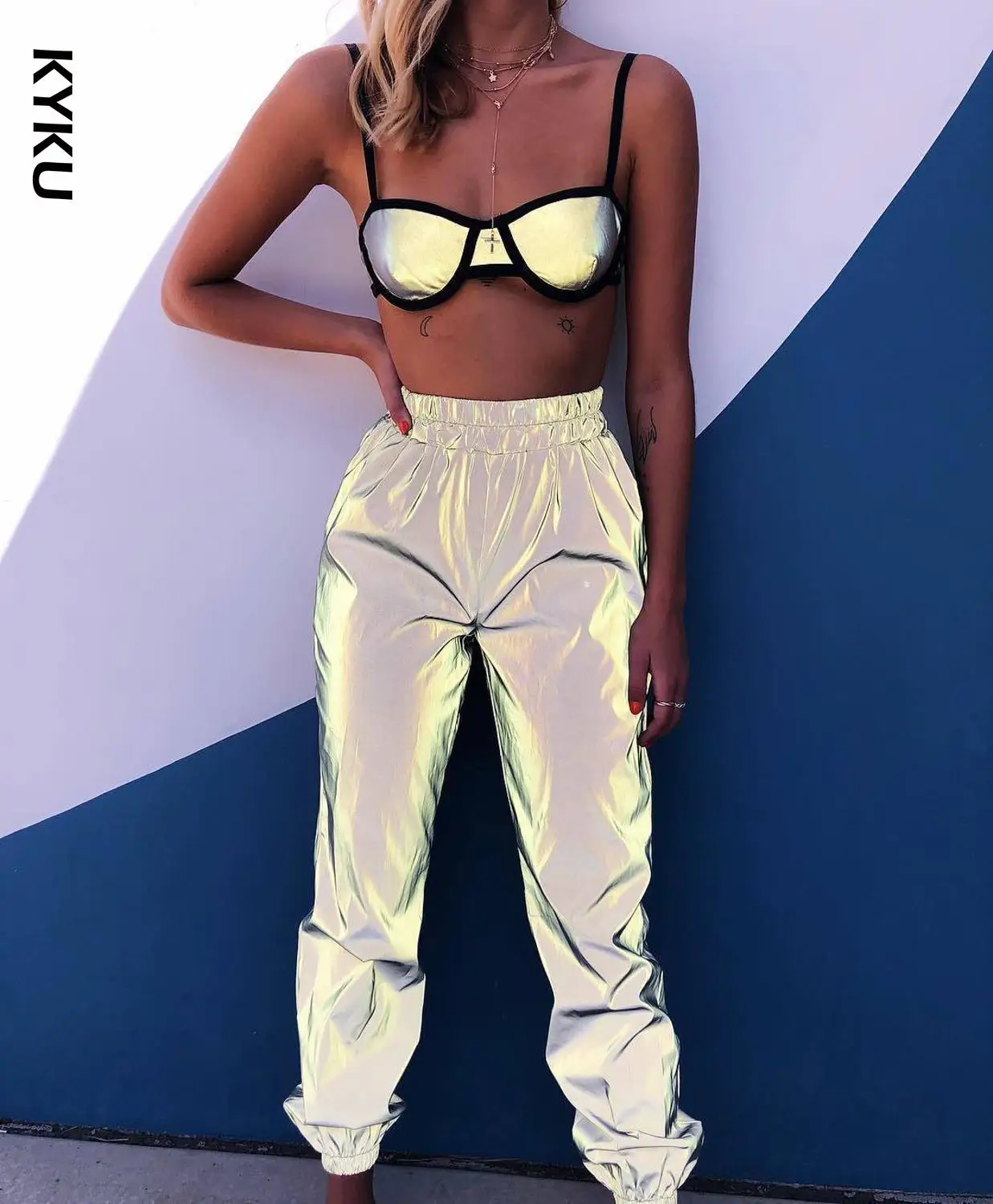 

Women High Waist reflective casual gray solid pants Streetwear Cargo Pants Loose Jogger Trousers Women 2019 Sweatpants
