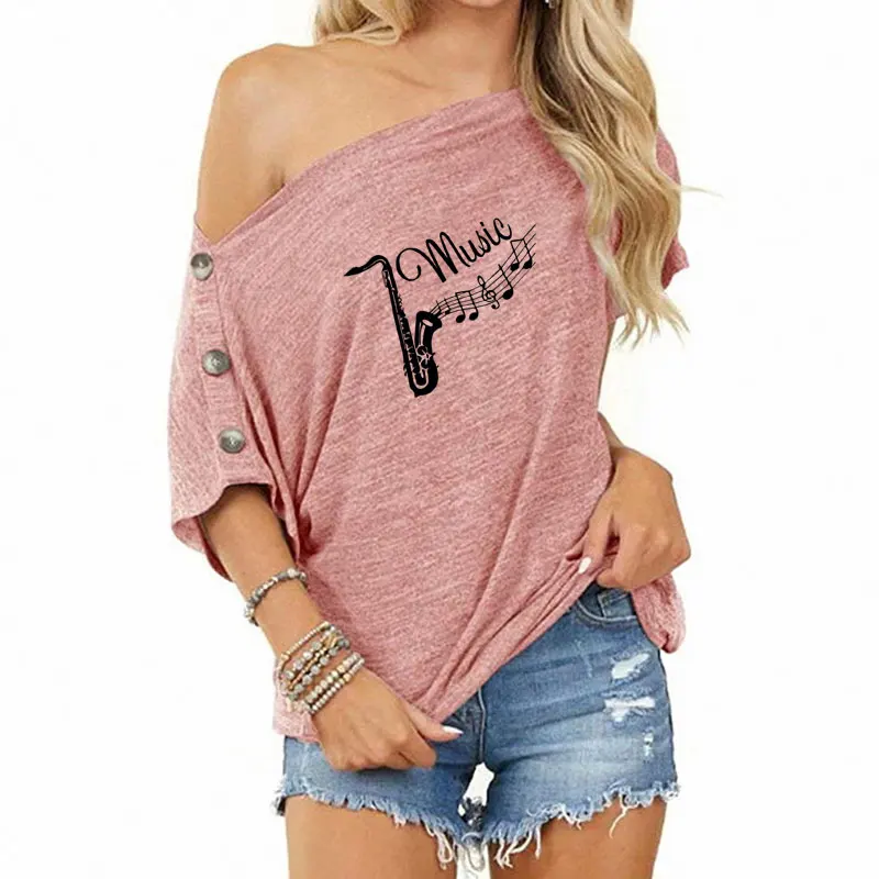 

Fashion Strapless women's creative trombone instrument short sleeve summer humorous printing barber's weapon